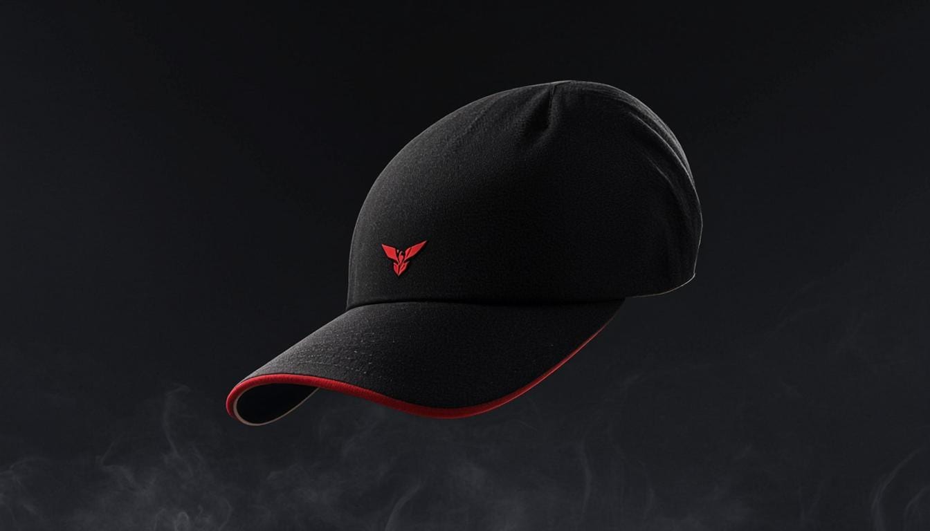 Black Track Series running cap with red emblem